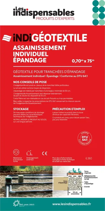 INDI GÉOTEXTILE assainissement individuel - (tranchées d‘épandage - DTU 64-1) - 0,70 x 75m Vente Flash