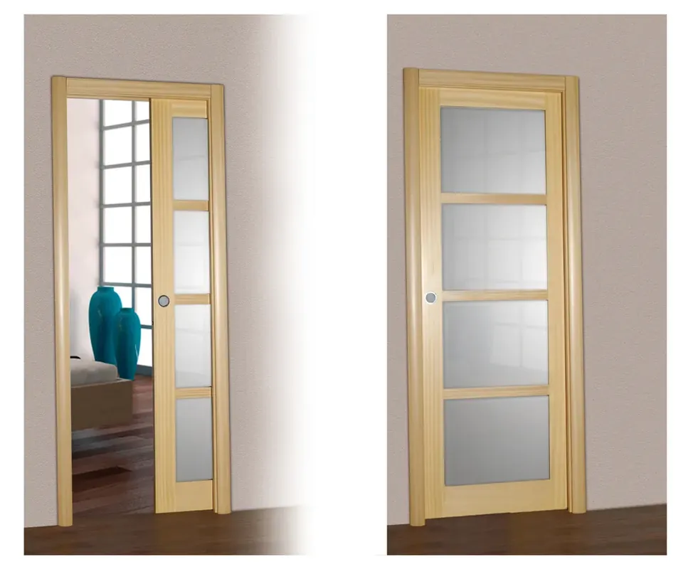 Dernière Chance Porte coulissante en Ako à Vernir - LM10 avec 4 carreaux posés satinés - 2040 x 730 mm - avec rainure basse - avec Mortaise - avec entaillage cuvette et tire doigt