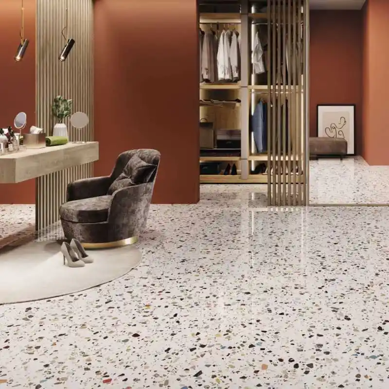 Carrelage sol et mur aspect terrazzo Gemstone white brillant 60x120 cm Prix Promo
