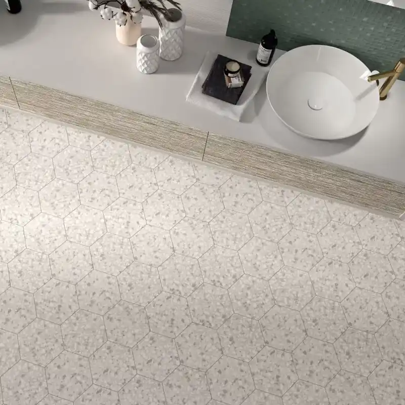 Certifié Carrelage hexagonal mur et sol Six Terrazzo talc mat 23x27 cm