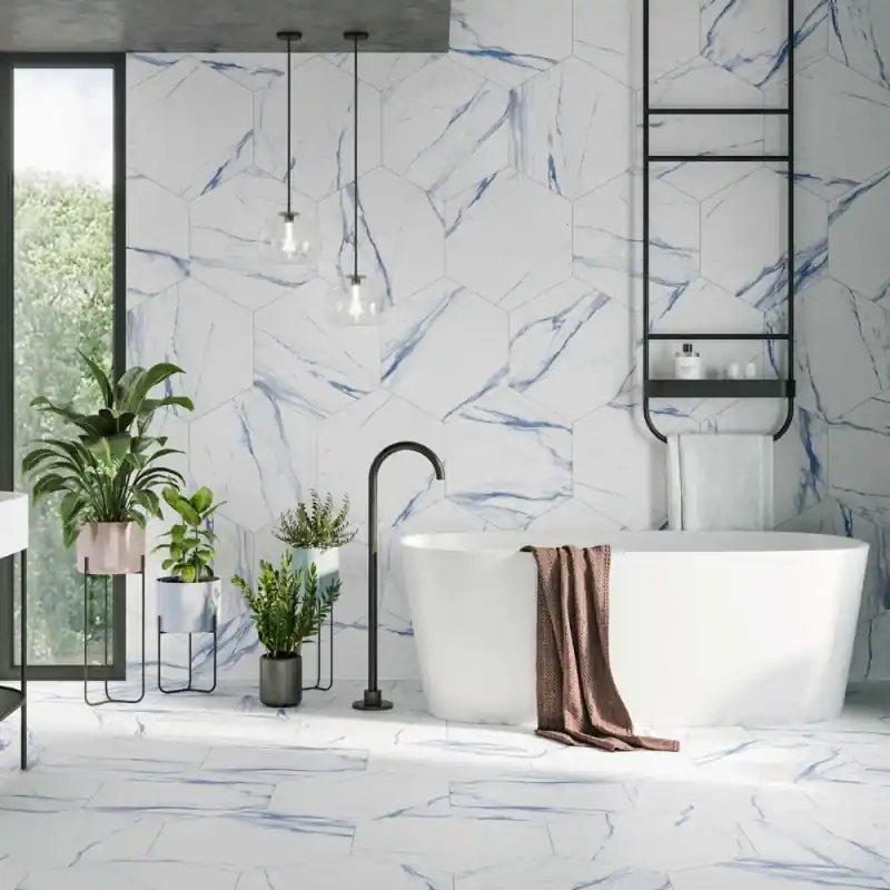 Prix Promo Carrelage sol-mur intérieur aspect Marbre hexagonal Thassos blue 56x48,5cm