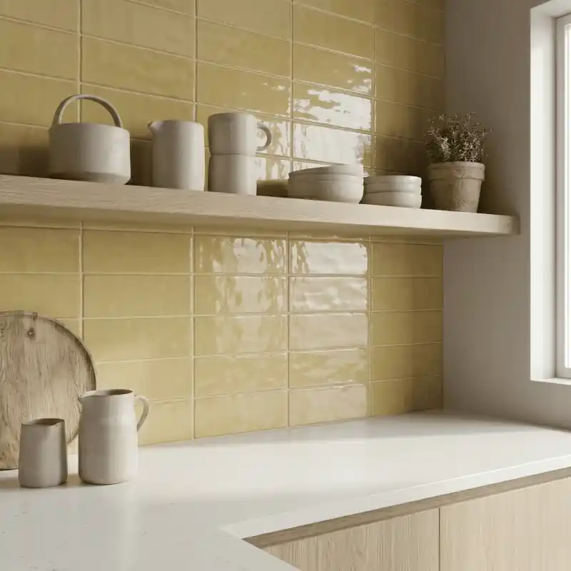 Promotion Carrelage mur intérieur aspect zellige Laurel clay mostaza brillant 6x20 cm