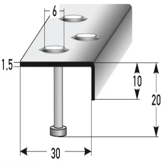 Nez de marche 10 mm x 30 mm inox ancré antidérapant R12 DIN 51130 perforation embossée Prix Réduit