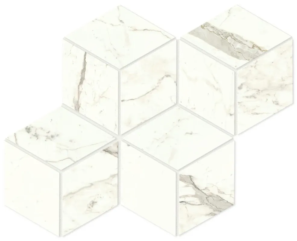 Certifié Mosaïque effet Marbre Blanc Calacatta Prima Hexa Cube 35x30x0,9 cm Brillant Faventa - Mur intérieur