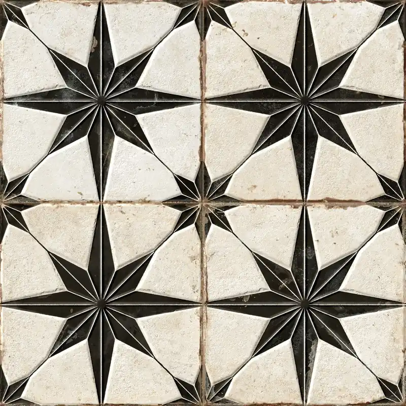 Carrelage Vintage effet Carreau ciment 3D Etoile Noire et Fond Blanc 22,3x22,3x0,9 cm Sparta - Sol et mur intérieur Solde