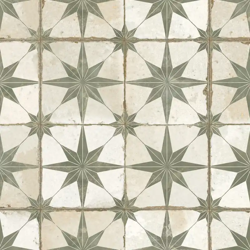 Offre Limitée Carrelage Vintage effet Carreau ciment Etoile Verte et Fond Blanc 45x45x0,95 cm Sparta - Sol et mur intérieur